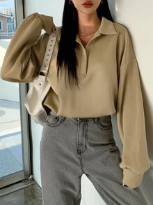 DAZY Half Placket Drop Shoulder Sweatshirt - Khaki - View 7