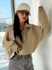 DAZY Half Placket Drop Shoulder Sweatshirt - Khaki - View 8