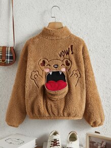 SHEIN Girls Letter & Cartoon Embroidery Drop Shoulder Teddy Jacket - Camel - View 1