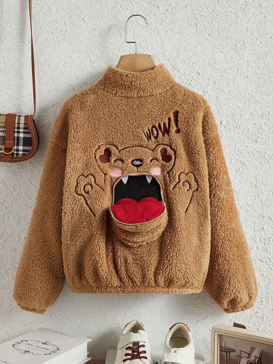 SHEIN Girls Letter & Cartoon Embroidery Drop Shoulder Teddy Jacket - Camel - View 1