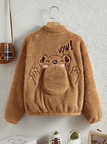 SHEIN Girls Letter & Cartoon Embroidery Drop Shoulder Teddy Jacket - Camel - View 2