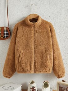 SHEIN Girls Letter & Cartoon Embroidery Drop Shoulder Teddy Jacket - Camel - View 3