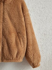 SHEIN Girls Letter & Cartoon Embroidery Drop Shoulder Teddy Jacket - Camel - View 4