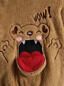 SHEIN Girls Letter & Cartoon Embroidery Drop Shoulder Teddy Jacket - Camel - View 5