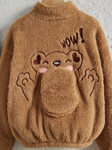 SHEIN Girls Letter & Cartoon Embroidery Drop Shoulder Teddy Jacket - Camel - View 6