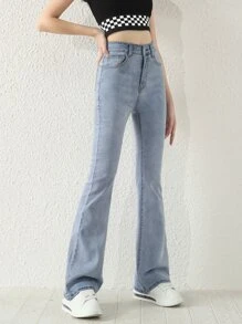 SHEIN Explorewe New Simple And Versatile Blue Washed Denim Straight Pants For Teen Girls - Light Wash - View 1