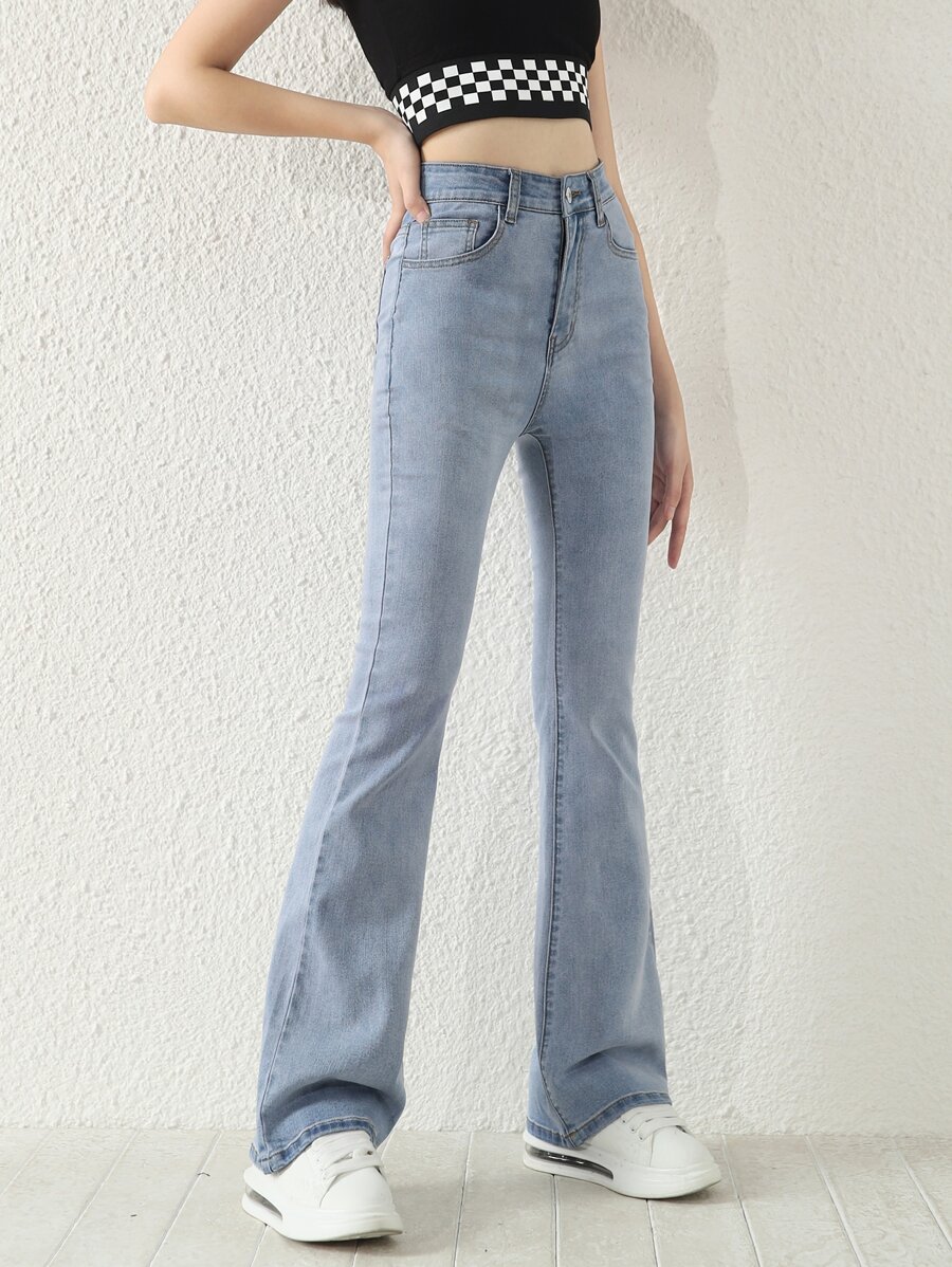 SHEIN Explorewe New Simple And Versatile Blue Washed Denim Straight Pants For Teen Girls - Light Wash - View 1