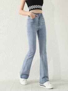 SHEIN Explorewe New Simple And Versatile Blue Washed Denim Straight Pants For Teen Girls - Light Wash - View 3