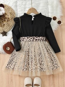 SHEIN Young Girl Heart & Letter Graphic Ruffle Trim Mesh Hem Belted Dress - Multicolor - View 2