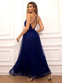 Joyfunear Vestidos de noche elegantes para fiestas de verano, con Body de lentejuelas, espalda descubierta con cruce, abertura en el muslo y malla - Azul Marino - Ver 2