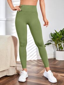 SHEIN Yoga Basic 瑜伽打底褲無縫寬腰帶緊縮褶皺臀部訓練緊身褲 - 青檸色 - 查看 6