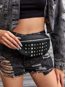 Studded Decor Chain Bum Bag - Black - View 2