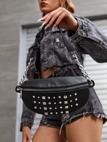 Studded Decor Chain Bum Bag - Black - View 5