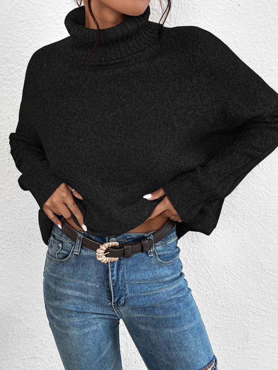 SHEIN Essnce Jersey cuello alto de manga murciélago - Negro - Ver 1