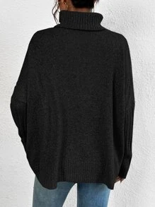 SHEIN Essnce Jersey cuello alto de manga murciélago - Negro - Ver 2