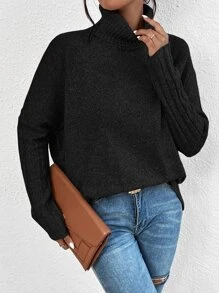 SHEIN Essnce Jersey cuello alto de manga murciélago - Negro - Ver 5