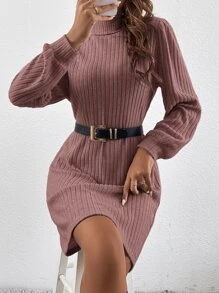 SHEIN Frenchy Turtleneck Ribbed Knit Tee Dress Without Belt - Redwood - View 4