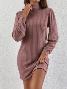 SHEIN Frenchy Turtleneck Ribbed Knit Tee Dress Without Belt - Redwood - View 5
