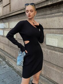 SHEIN Asymmetrical Neck Ribbed Knit Jumper Dress - Black - View 4