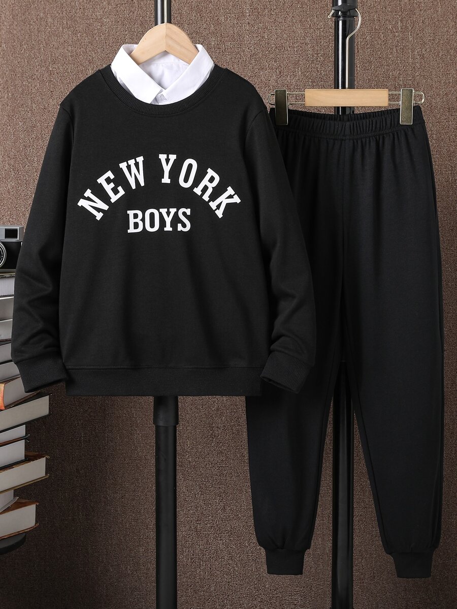 Boys Letter Graphic Pullover & Joggers Without Shirt - Black - View 1