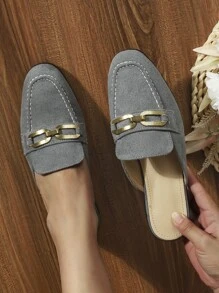 Metal Decor Faux Suede Flat Mules - Dark Grey - View 1