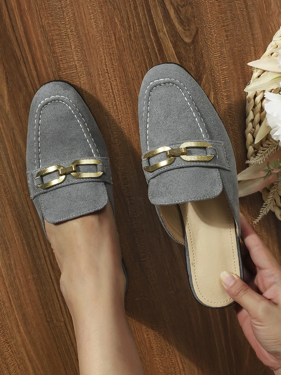 Metal Decor Faux Suede Flat Mules - Dark Grey - View 1