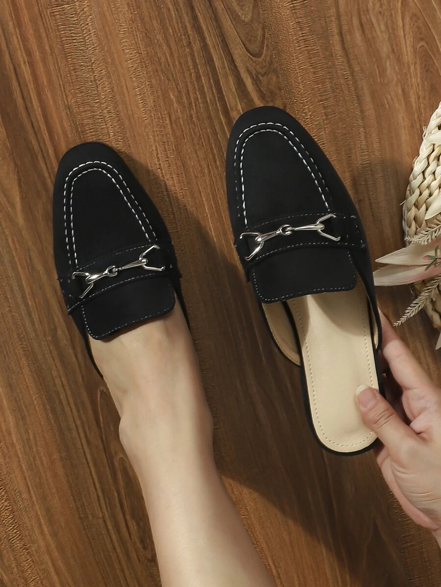 Metal Decor Faux Suede Flat Mules - Black - View 1