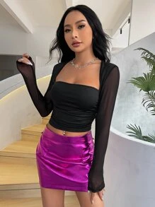 SHEIN ICON Contrast Mesh Ruched Side Square Neck Crop Tee - Black - View 3