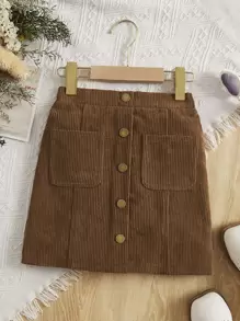 SHEIN Chicas Falda con botón delantero con doble bolsillo de pana - Marrón - Ver 1
