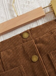 SHEIN Chicas Falda con botón delantero con doble bolsillo de pana - Marrón - Ver 3