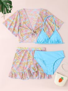 Teen Girls 4packs Floral Print Ruffle Hem Bikini Set Summer Beach - Multicolor - View 1