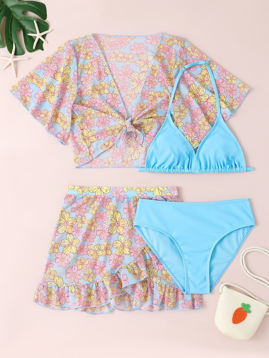 Teen Girls 4packs Floral Print Ruffle Hem Bikini Set Summer Beach - Multicolor - View 1