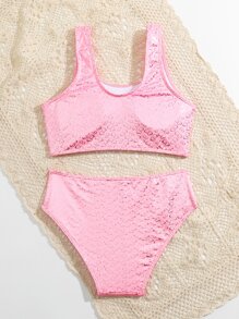 少女全身心印花比基尼套装 夏日海滩 - 粉色 - 查看 2