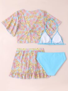 Teen Girls 4packs Floral Print Ruffle Hem Bikini Set Summer Beach - Multicolor - View 2