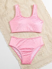 少女全身心印花比基尼套装 夏日海滩 - 粉色 - 查看 3