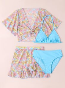 Teen Girls 4packs Floral Print Ruffle Hem Bikini Set Summer Beach - Multicolor - View 5