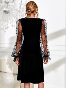 SHEIN Clasi Đầm Tương phản Mesh Xù Nút phía trước Chấm bi Thanh lịch - màu đen - Xem 3