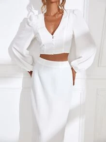 SHEIN Privé 燈籠袖短款上衣和半身裙