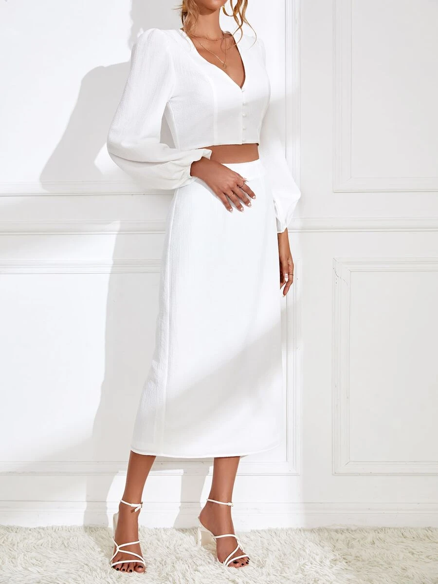 SHEIN Privé 燈籠袖短款上衣和半身裙