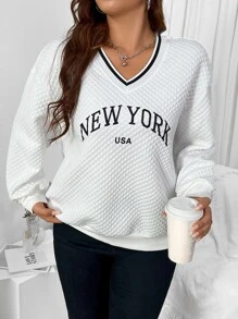 Flirla Plus Letter Graphic Drop Shoulder Quilted Sweatshirt - White - View 1