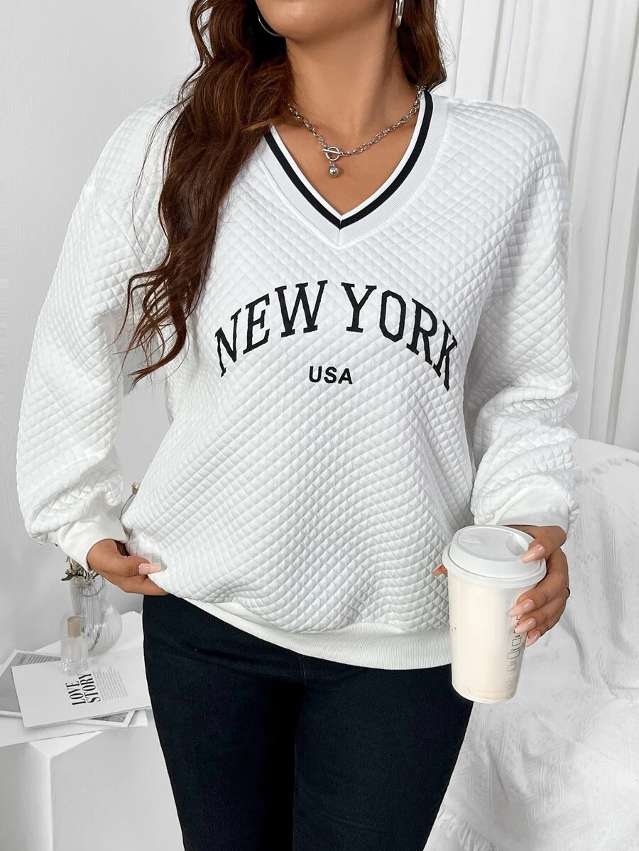 Flirla Plus Letter Graphic Drop Shoulder Quilted Sweatshirt - White - View 1