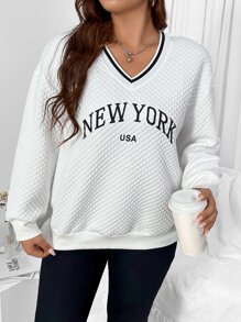 Flirla Plus Letter Graphic Drop Shoulder Quilted Sweatshirt - White - View 4