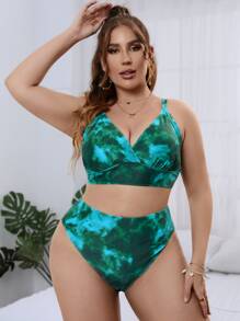 SHEIN Swim Curve Conjunto de bikini de 3 piezas de tallas grandes con estampado tie-dye, top de sujetador inalámbrico con lazo, braga de bikini de cintura alta y falda con cordón, para playa de verano - Verde - Ver 3