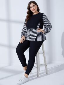 Mulvari Conjunto de 2 piezas de top de manga farol a rayas y leggings 2 en 1 talla grande - Blanco y Negro - Ver 1