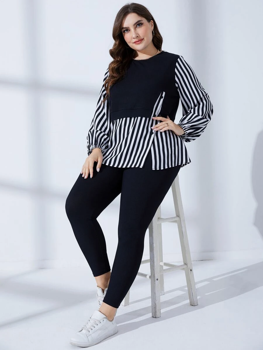 Mulvari Conjunto de 2 piezas de top de manga farol a rayas y leggings 2 en 1 talla grande - Blanco y Negro - Ver 1