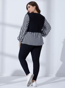 Mulvari Conjunto de 2 piezas de top de manga farol a rayas y leggings 2 en 1 talla grande - Blanco y Negro - Ver 2