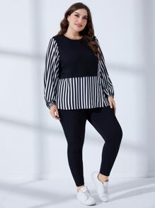 Mulvari Conjunto de 2 piezas de top de manga farol a rayas y leggings 2 en 1 talla grande - Blanco y Negro - Ver 3