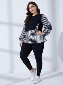 Mulvari Conjunto de 2 piezas de top de manga farol a rayas y leggings 2 en 1 talla grande - Blanco y Negro - Ver 4