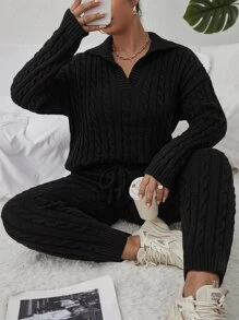 Flirla Plus Cable Knit Drop Shoulder Jumper & Knit Trousers - Black - View 1
