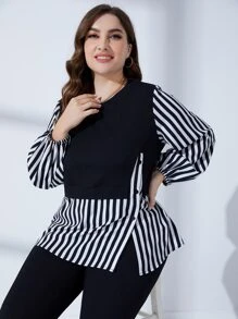 Mulvari Conjunto de 2 piezas de top de manga farol a rayas y leggings 2 en 1 talla grande - Blanco y Negro - Ver 5